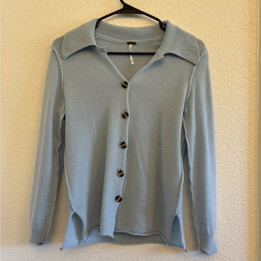 Free People Paloma 100% Cashmere Sky Blue Button-Up Sweater